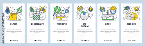 Web site onboarding screens. Bakery shop with sweet deserts. Menu vector banner template for website and mobile app development. Modern design linear art flat illustration.