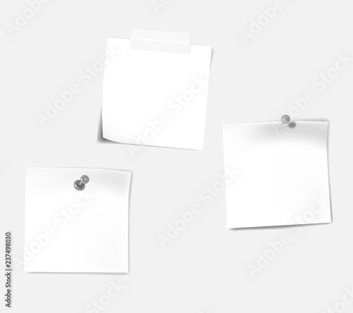 White blank note paper sheets on wall - reminder vector mockup set