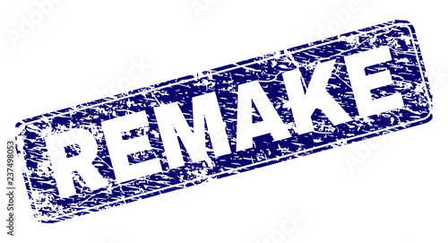 REMAKE stamp seal print with distress style. Seal shape is a rounded rectangle with frame. Blue vector rubber print of REMAKE label with corroded style.