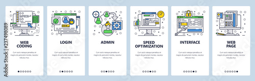 Web site onboarding screens. Coding interface and secure login. Menu vector banner template for website and mobile app development. Modern design linear art flat illustration. photo