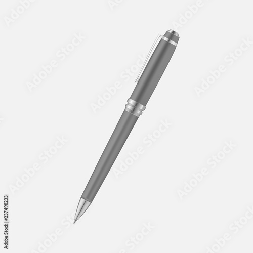Metal pen isolated on gray background, realistic vector mockup