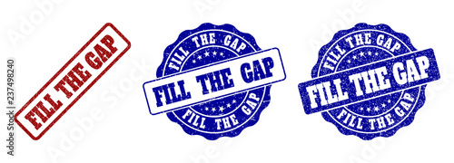 FILL THE GAP scratched stamp seals in red and blue colors. Vector FILL THE GAP labels with distress texture. Graphic elements are rounded rectangles, rosettes, circles and text labels.