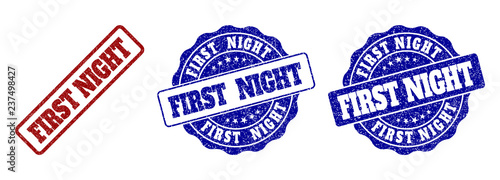 FIRST NIGHT grunge stamp seals in red and blue colors. Vector FIRST NIGHT marks with grunge style. Graphic elements are rounded rectangles, rosettes, circles and text captions.
