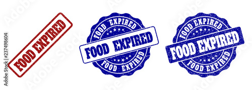 FOOD EXPIRED grunge stamp seals in red and blue colors. Vector FOOD EXPIRED overlays with grunge surface. Graphic elements are rounded rectangles, rosettes, circles and text titles.