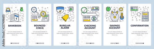 Web site onboarding screens. Online banking, saving and checking accounts and transaction confirmation. Menu vector banner template for website and mobile app development. Modern design linear art