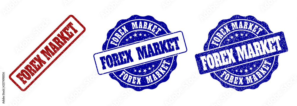 FOREX MARKET grunge stamp seals in red and blue colors. Vector FOREX MARKET signs with grunge texture. Graphic elements are rounded rectangles, rosettes, circles and text labels.