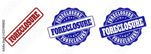 FORECLOSURE grunge stamp seals in red and blue colors. Vector FORECLOSURE marks with grunge style. Graphic elements are rounded rectangles, rosettes, circles and text captions.