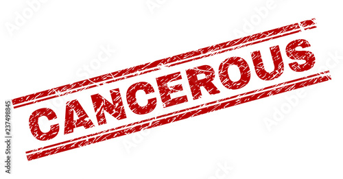 CANCEROUS seal print with distress style. Red vector rubber print of CANCEROUS text with scratched texture. Text caption is placed between double parallel lines.