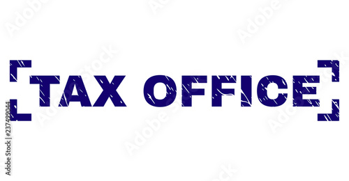 TAX OFFICE text seal stamp with corroded texture. Text label is placed inside corners. Blue vector rubber print of TAX OFFICE with unclean texture.