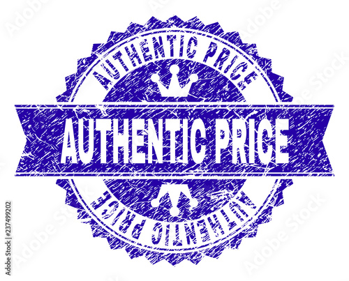 AUTHENTIC PRICE rosette stamp seal watermark with grunge effect. Designed with round rosette, ribbon and small crowns. Blue vector rubber watermark of AUTHENTIC PRICE text with grunge style.