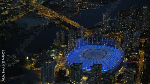 Aerial night view BC Place lights Vancouver Canada