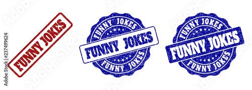FUNNY JOKES grunge stamp seals in red and blue colors. Vector FUNNY JOKES signs with grunge surface. Graphic elements are rounded rectangles, rosettes, circles and text labels.