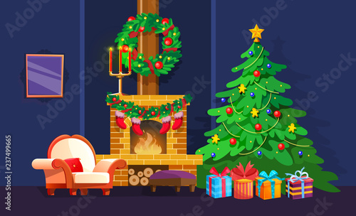 Festive interior of Christmas room on eve happy new year.