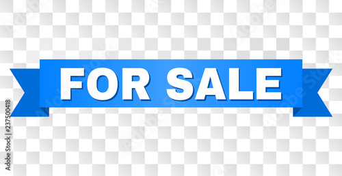 FOR SALE text on a ribbon. Designed with white caption and blue stripe. Vector banner with FOR SALE tag on a transparent background.