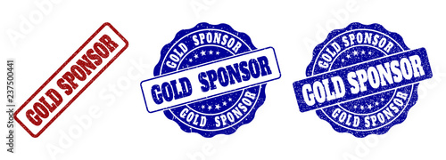 GOLD SPONSOR grunge stamp seals in red and blue colors. Vector GOLD SPONSOR marks with grunge surface. Graphic elements are rounded rectangles, rosettes, circles and text tags.