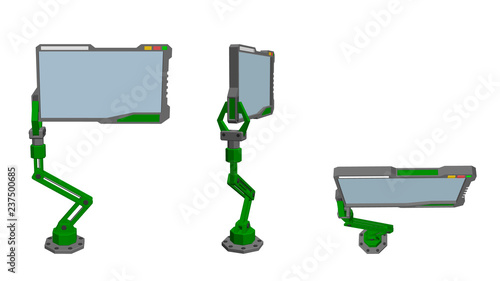 Robotic arm with futuristic monitor. 3d Vector illustration.