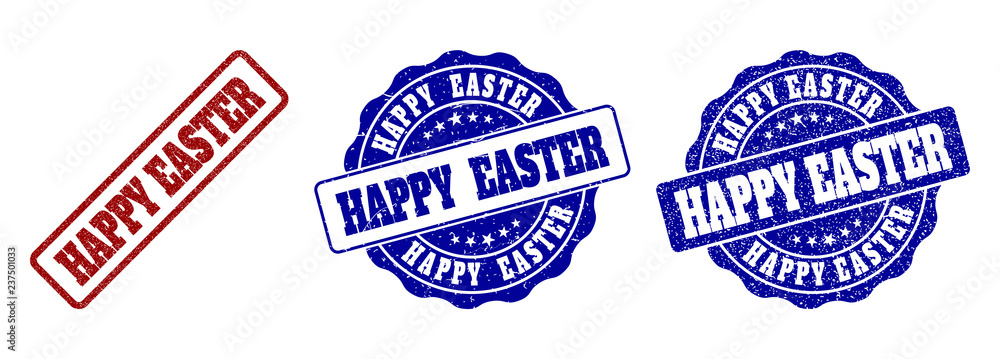 Obraz premium HAPPY EASTER grunge stamp seals in red and blue colors. Vector HAPPY EASTER labels with grunge style. Graphic elements are rounded rectangles, rosettes, circles and text captions.