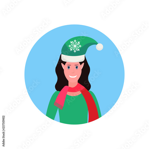 brunette woman christmas elf santa helper concept face avatar portrait female cartoon character isolated
