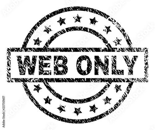 WEB ONLY stamp seal watermark with distress style. Designed with rectangle, circles and stars. Black vector rubber print of WEB ONLY title with scratched texture.
