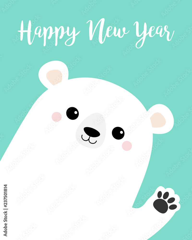 Happy New Year. Big white polar bear waving hand paw print. Cute cartoon funny kawaii baby character. Merry Christmas Greeting Card. Flat design. Blue background. Greeting card. Happy New Year. Big white polar bear waving hand paw print. Cute cartoon funny kawaii baby character. Merry Christmas Greeting Card. Flat design. Blue background. Greeting card.