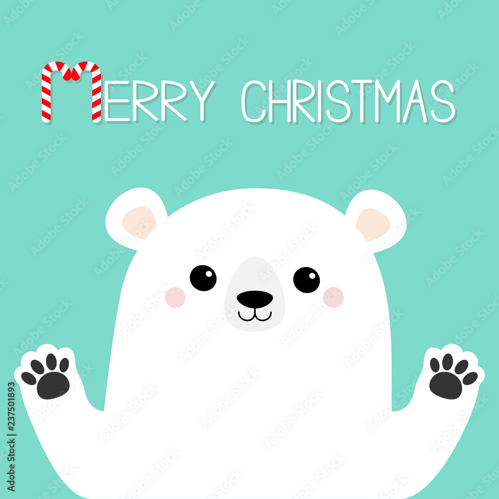 Merry Christmas. White polar bear holding hands paw print. Cute cartoon funny kawaii baby character. Happy New Year. Greeting Card. Flat design. Blue background. Greeting card. Merry Christmas. White polar bear holding hands paw print. Cute cartoon funny kawaii baby character. Happy New Year. Greeting Card. Flat design. Blue background. Greeting card.