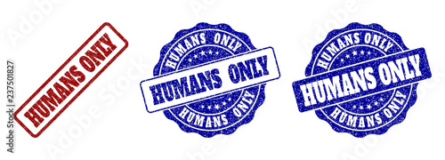 HUMANS ONLY grunge stamp seals in red and blue colors. Vector HUMANS ONLY imprints with scratced style. Graphic elements are rounded rectangles, rosettes, circles and text captions.