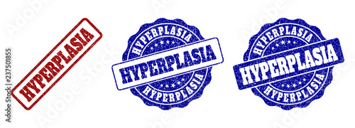 HYPERPLASIA grunge stamp seals in red and blue colors. Vector HYPERPLASIA overlays with draft texture. Graphic elements are rounded rectangles, rosettes, circles and text labels.