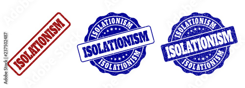 ISOLATIONISM grunge stamp seals in red and blue colors. Vector ISOLATIONISM signs with grunge style. Graphic elements are rounded rectangles, rosettes, circles and text captions.