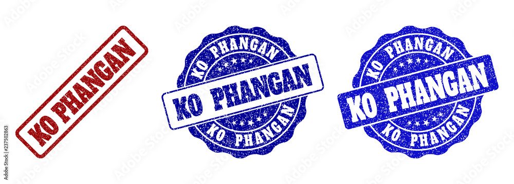 KO PHANGAN grunge stamp seals in red and blue colors. Vector KO PHANGAN signs with grainy style. Graphic elements are rounded rectangles, rosettes, circles and text tags.