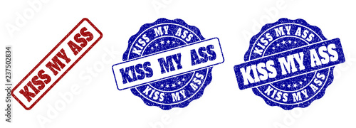 KISS MY ASS grunge stamp seals in red and blue colors. Vector KISS MY ASS watermarks with grunge style. Graphic elements are rounded rectangles, rosettes, circles and text tags.