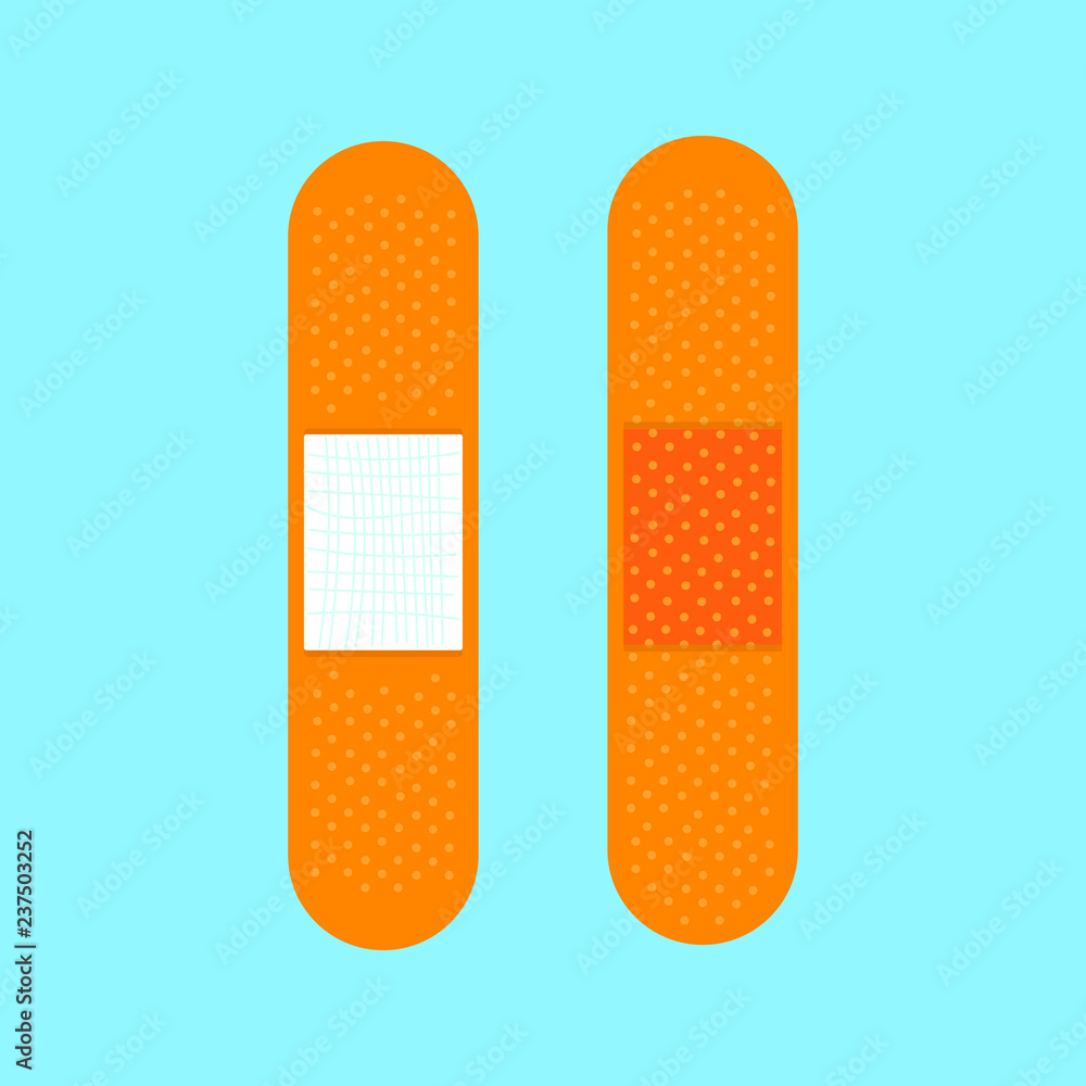 Fototapeta premium Bandage medical patch plaster aid protection flat style design vector illustration icon sign isolated on light blue background.