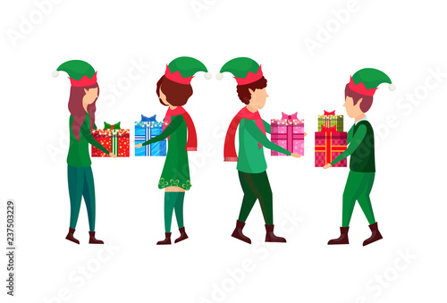 christmas boy girl present gift box each other elf santa helper concept flat full length female male cartoon character isolated horizontal