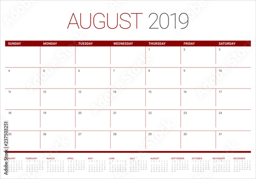 August 2019 desk calendar vector illustration