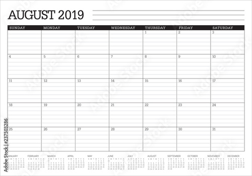 August 2019 desk calendar vector illustration