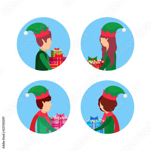 set christmas girl boy face profile avatar collection elf santa helper concept flat female male cartoon character portrait isolated