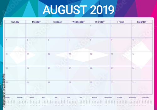 August 2019 desk calendar vector illustration