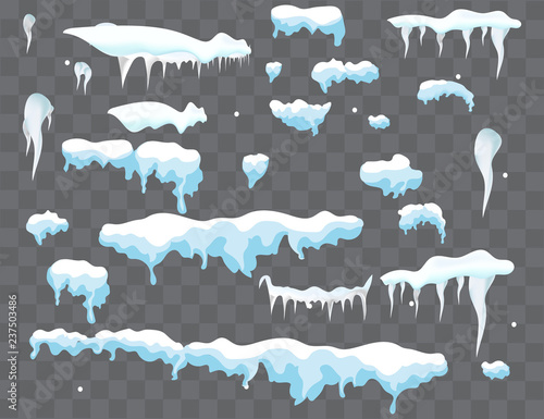 Snow caps, snowballs and snowdrifts set. Snow cap vector collection. Winter decoration element. Snowy elements on winter background. Cartoon template. Snowfall and snowflakes in motion. Illustration. photo