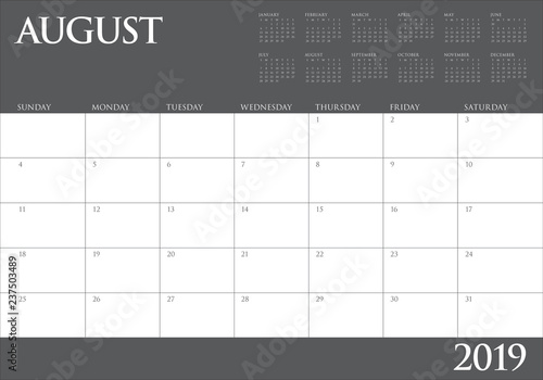 August 2019 desk calendar vector illustration