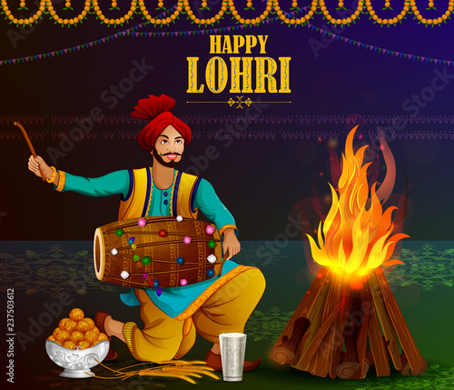 Happy Lohri Punjabi religious holiday background for harvesting festival of India