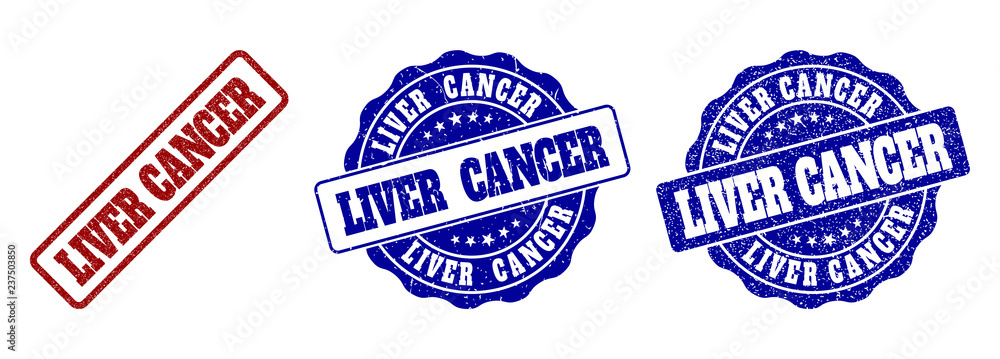 LIVER CANCER grunge stamp seals in red and blue colors. Vector LIVER CANCER watermarks with grunge style. Graphic elements are rounded rectangles, rosettes, circles and text titles.