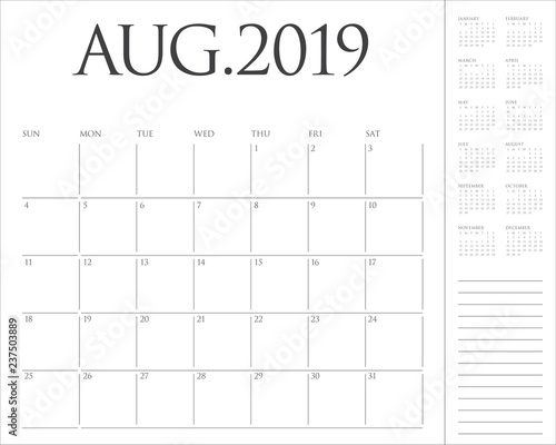 August 2019 desk calendar vector illustration