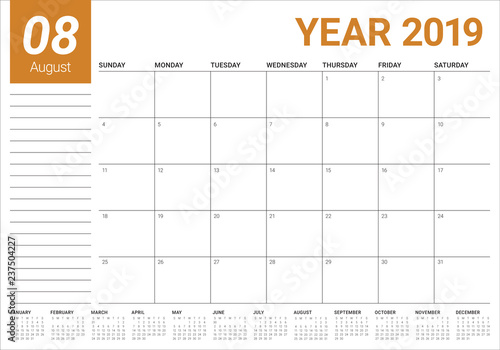 August 2019 desk calendar vector illustration