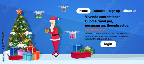 santa claus ride electric scooter drone delivery service new year merry christmas concept frir tree gift box decoration full length profile horizontal copy space
