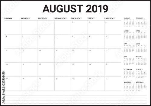 August 2019 desk calendar vector illustration