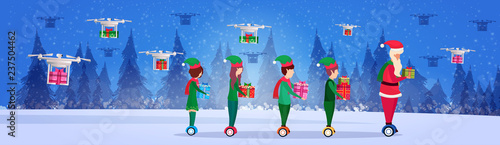 santa claus elf helper team ride electric scooter drone delivery service new year merry christmas concept fir tree forest landscape full length profile horizontal banner