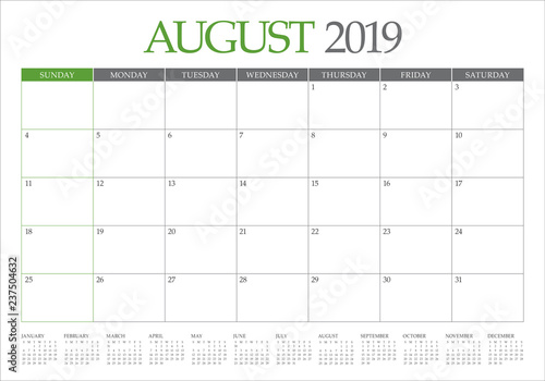 August 2019 desk calendar vector illustration