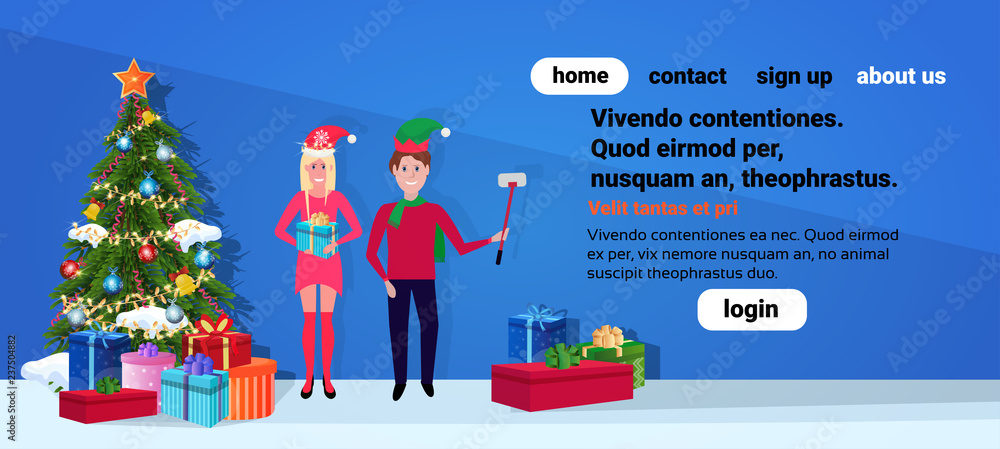 Naklejka premium man woman couple wearing deer horns taking selfie near fir tree happy new year merry christmas concept flat horizontal copy space vector illustration