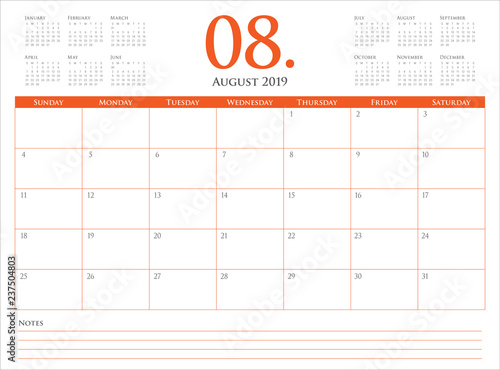 August 2019 desk calendar vector illustration