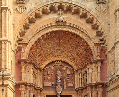 Facade of the Cathedral of Santa Maria of Palma (Cathedral of St. Mary of Palma) or La Seu, a Gothic Roman Catholic cathedral in Palma de Mallorca in Mallorca on Balearic islands in Spain