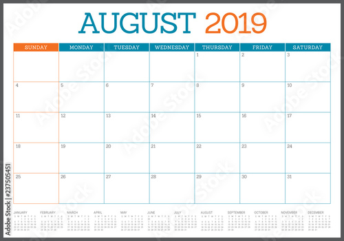 August 2019 desk calendar vector illustration